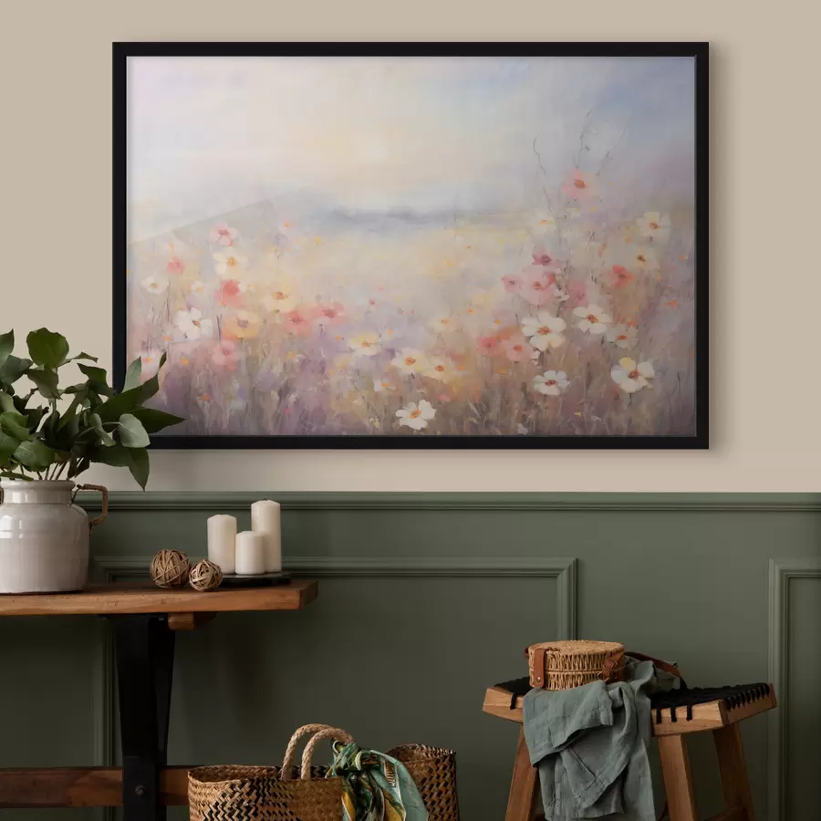 fototapet Peisaj însorit texturat de câmp de flori, culori pastelate moi, atmosferă de vis f44408