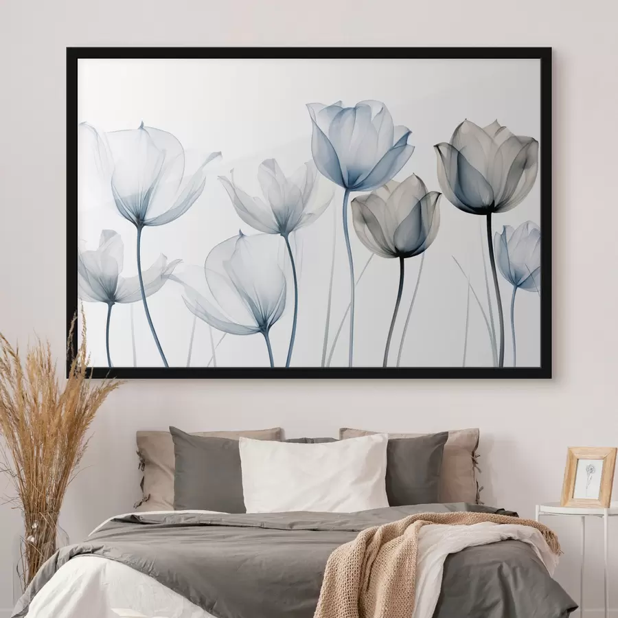 fototapet Lalele translucide albastre și albe cu tulpini lungi, pe un fundal alb simplu f44409