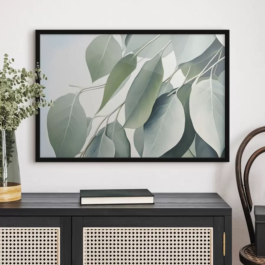 fototapet Frunze de eucalipt cu o paletă de culori moi, atenuate, o estetică calmă și naturală f44410