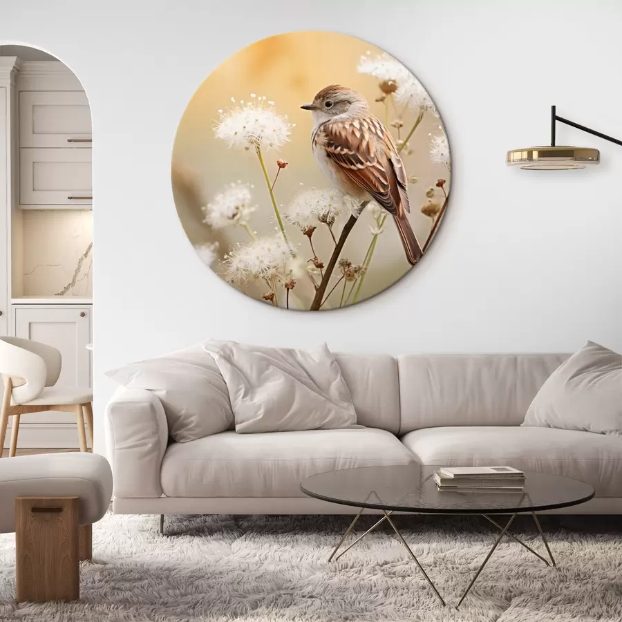 fototapet O pasăre cocoțată pe o ramură cu flori albe, focalizare moale, fundal natural r44393