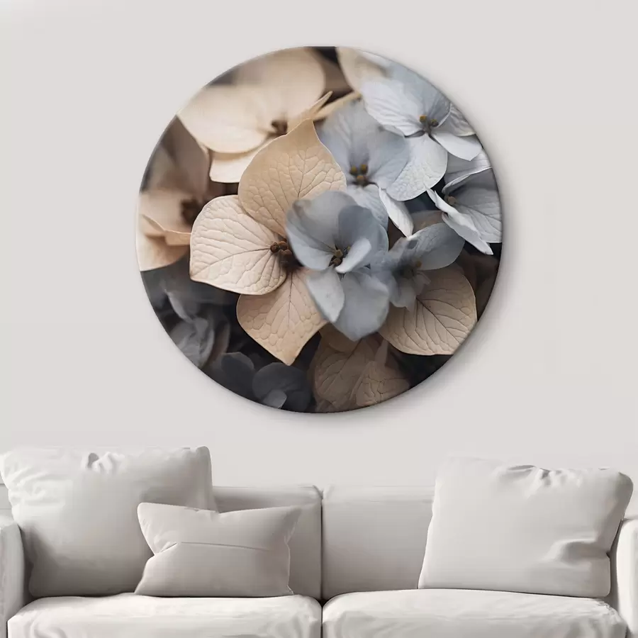 fototapet Flori de hortensie, petale albastru deschis și bej, cu texturi detaliate, aranjament floral elegant r44394