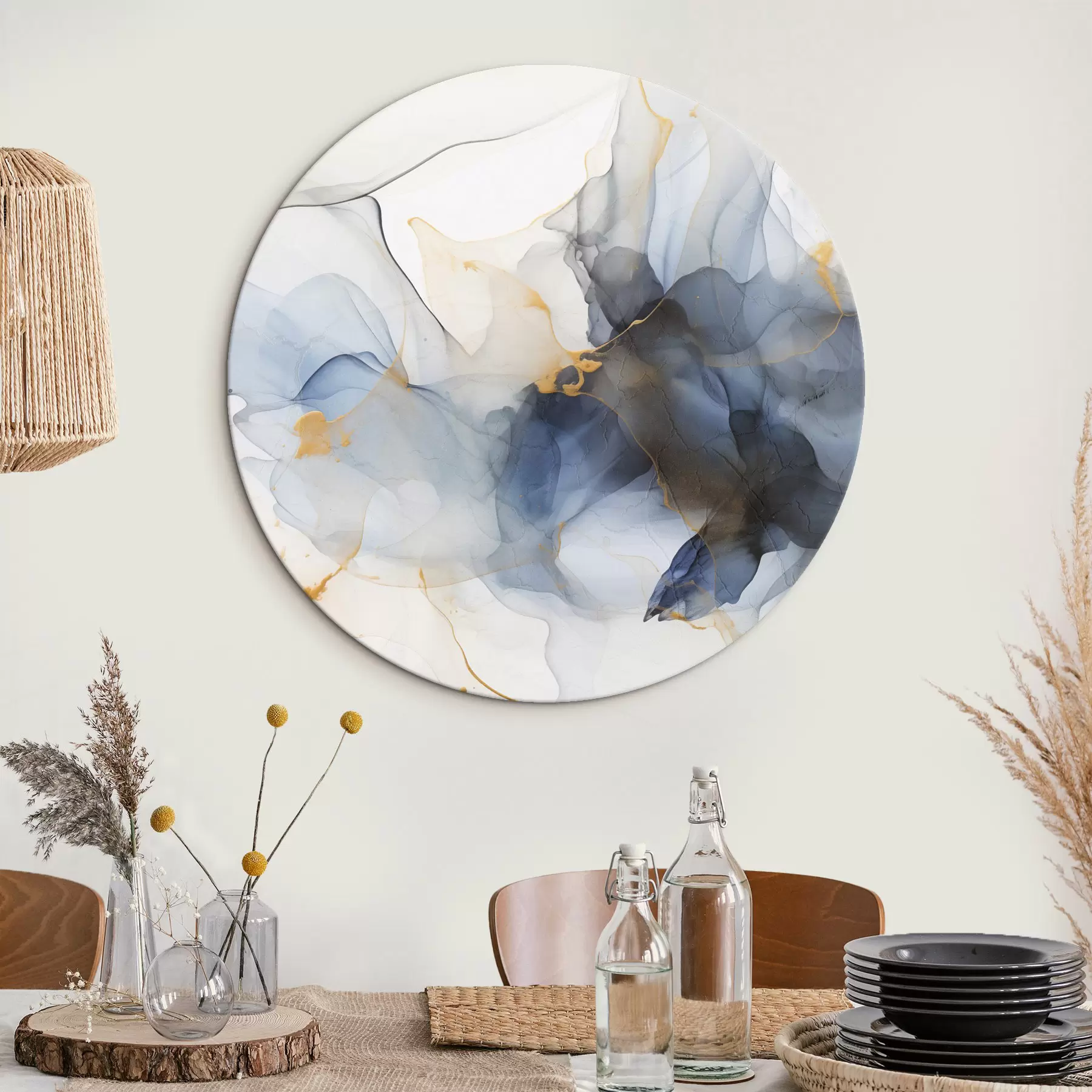 Tablouri Pictură abstractă cu cerneală albastră, forme fluide și organice, texturi delicate pe un fundal alb r44397