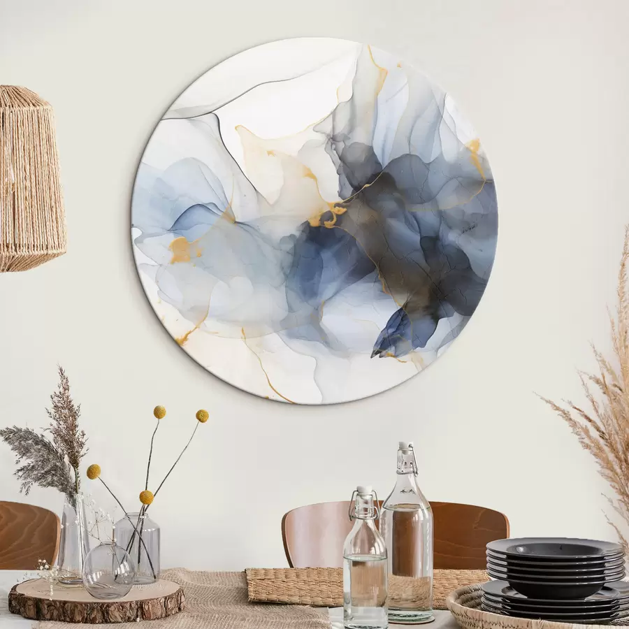 Tablouri Pictură abstractă cu cerneală albastră, forme fluide și organice, texturi delicate pe un fundal alb r44397