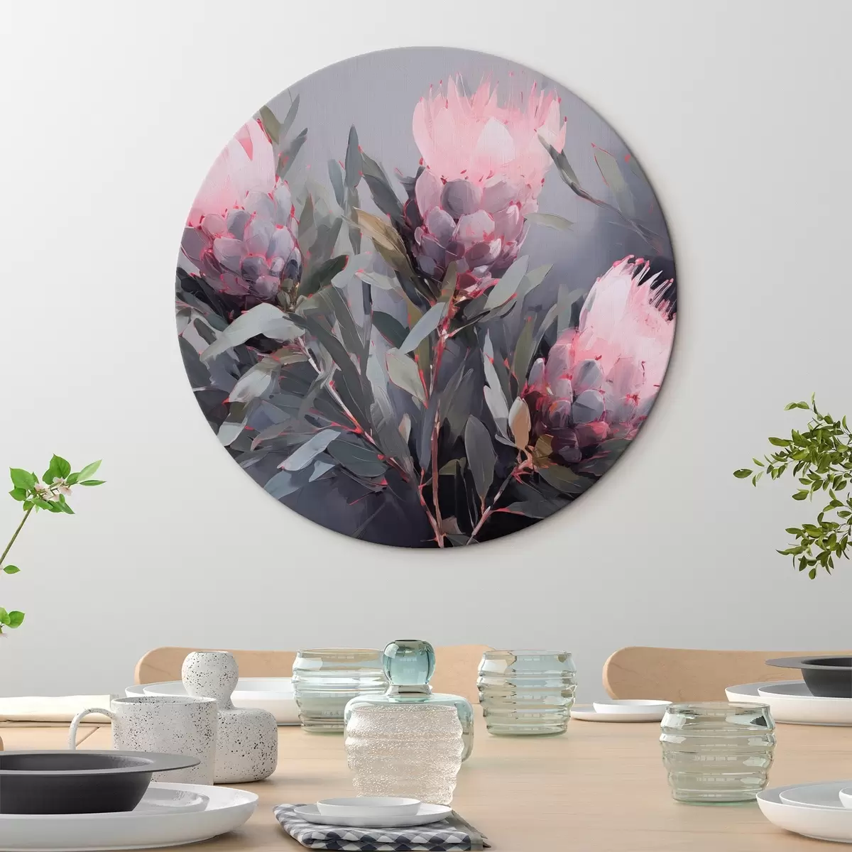 Picturi rotunde Flori de protea roz cu frunze verzi, tușe moi, culori închise, compoziție elegantă r44400