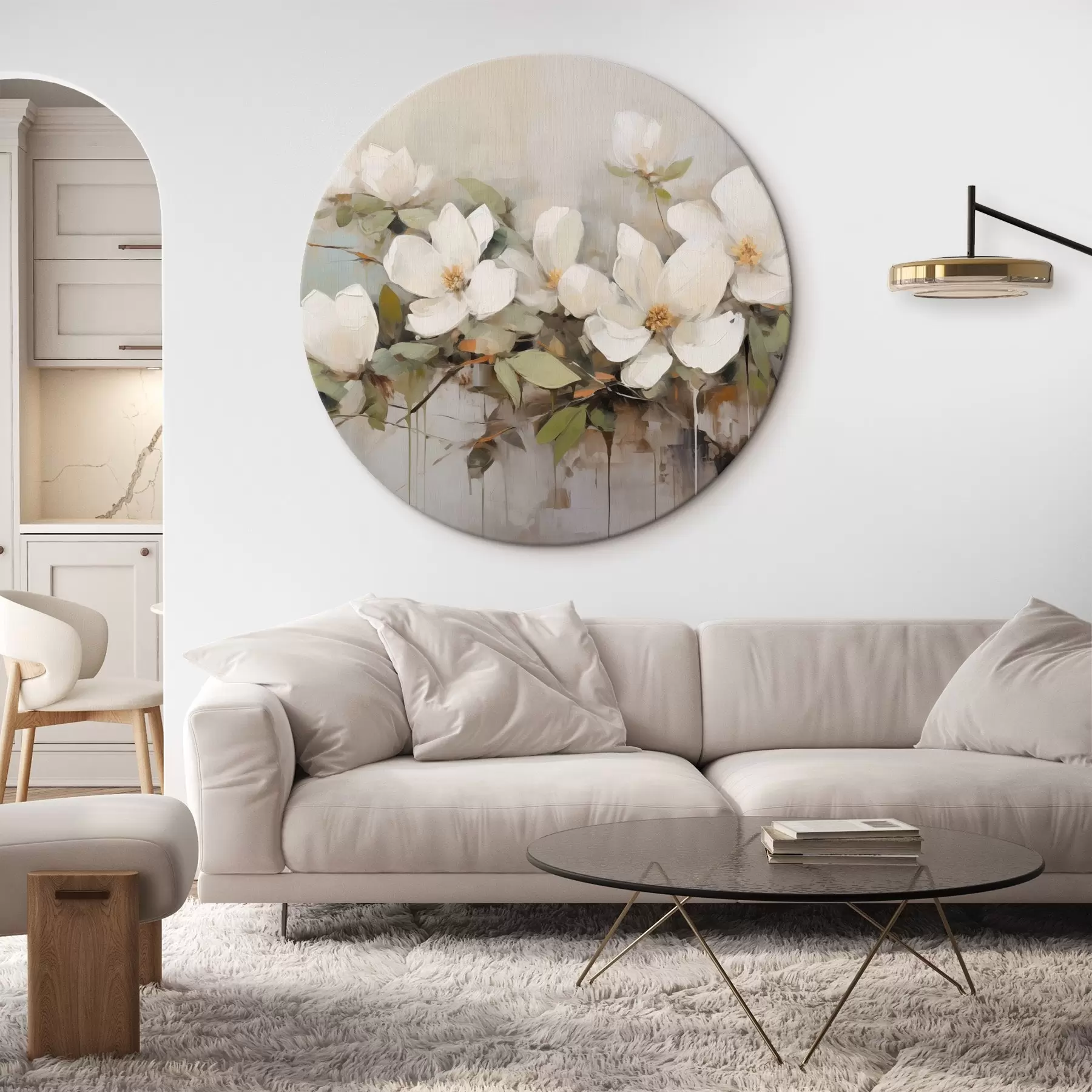 Tablouri Flori albe de magnolie cu frunze verzi pe o ramură, tușe moi, culori stinse r44404