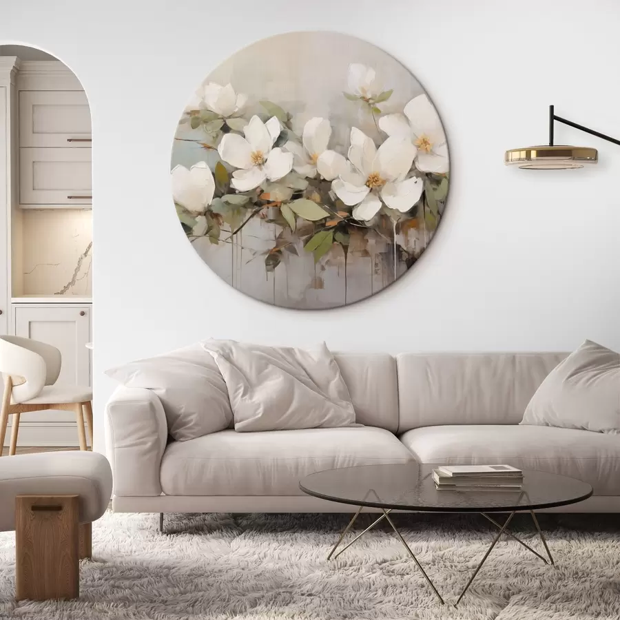 Tablouri Flori albe de magnolie cu frunze verzi pe o ramură, tușe moi, culori stinse r44404