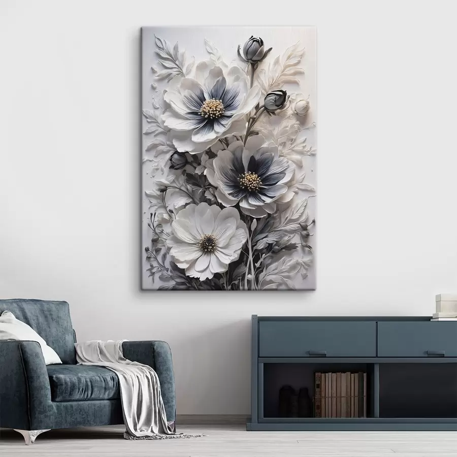 Tablouri Flori albe și negre pe fundal alb s44446