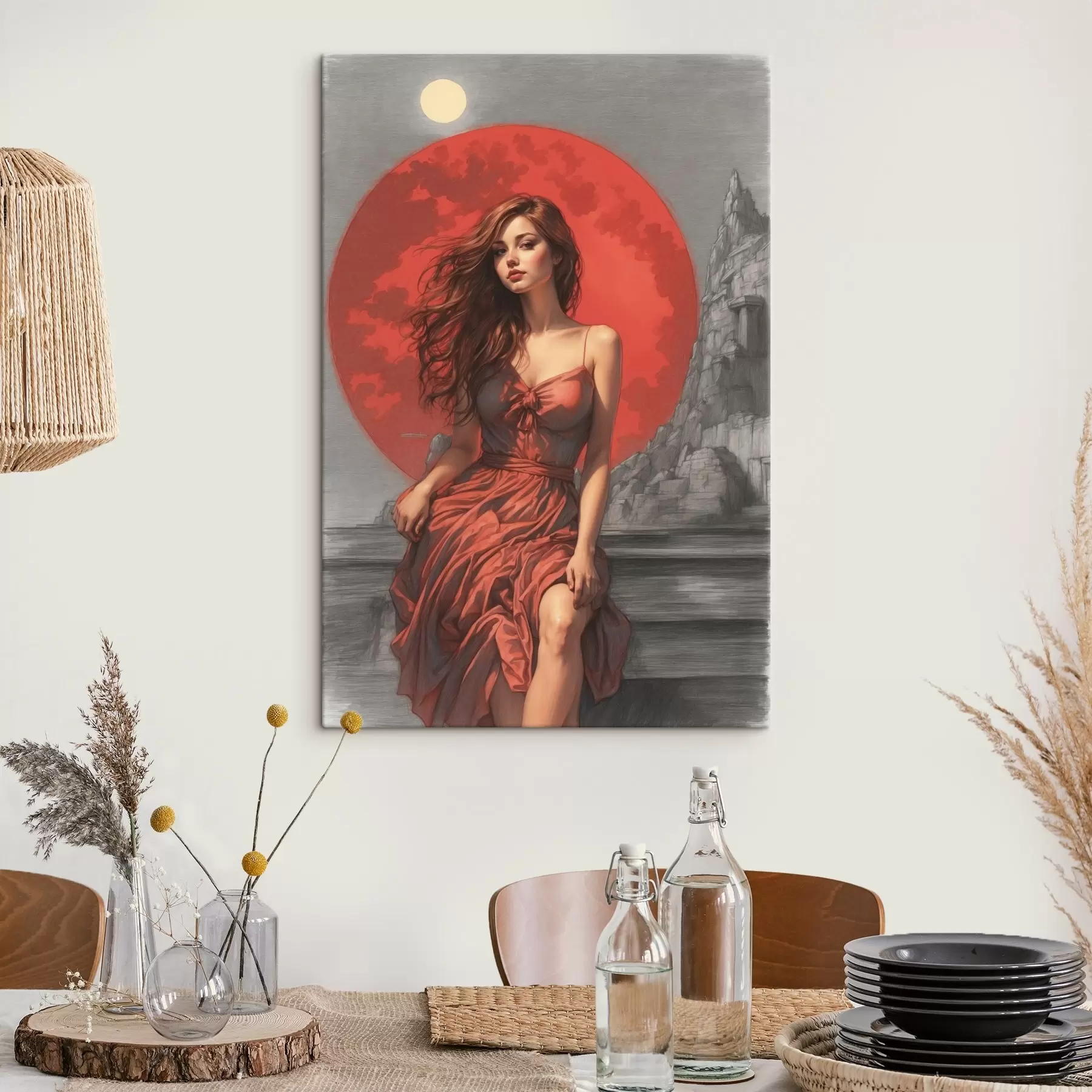 Tablouri Fata pe fundal roșu lună s44448