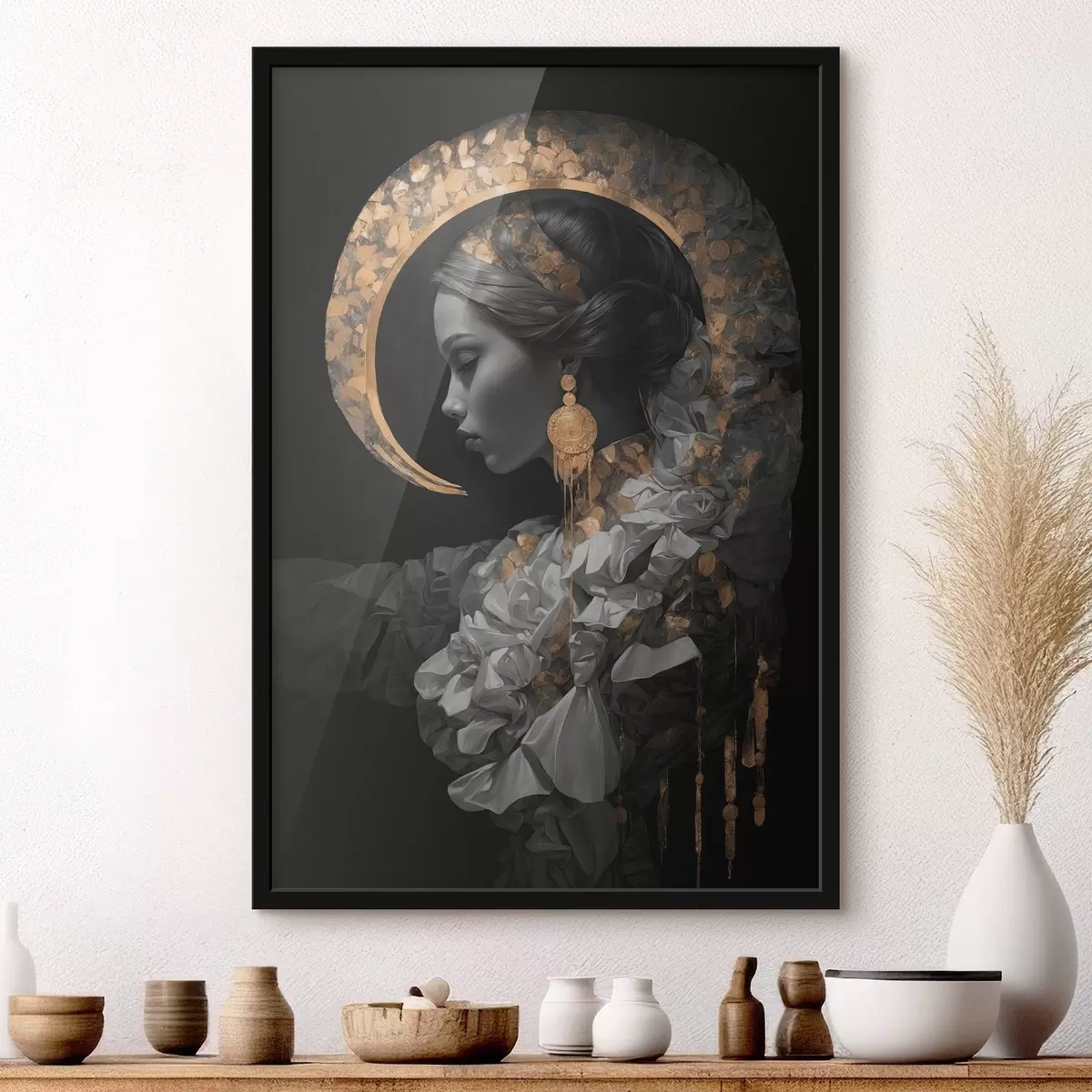 Poster Fată și galben semilună pe fundal negru f44449