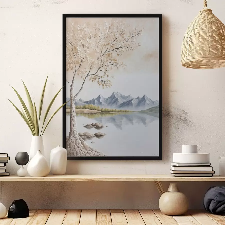 fototapet Copac pe fundal lac și munți înzăpeziți f44459