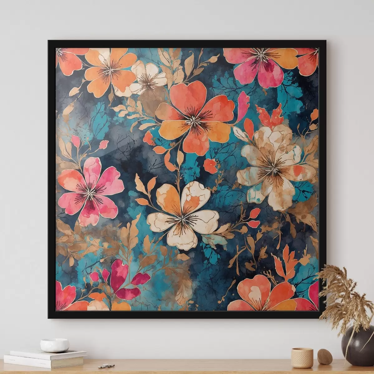 Poster Tablou acrilic multicolor în fundal albastru închis Tablou acrilic abstract multicolor în fundal albastru închis fundal albastru f44460