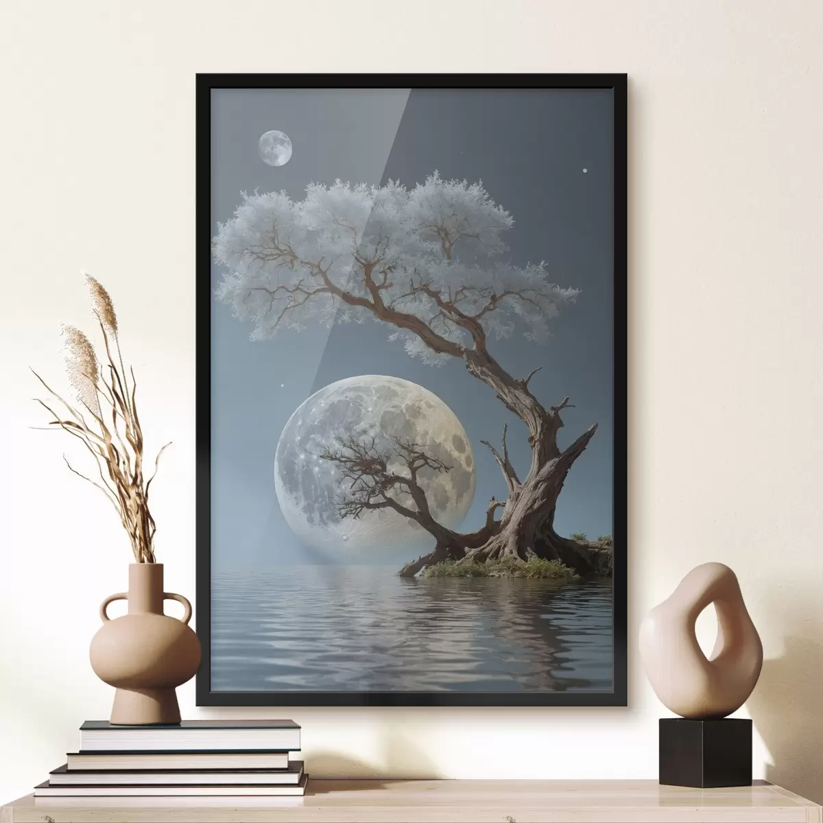 Poster Copac în creștere în mijlocul unui lac pe fundal luna f44481