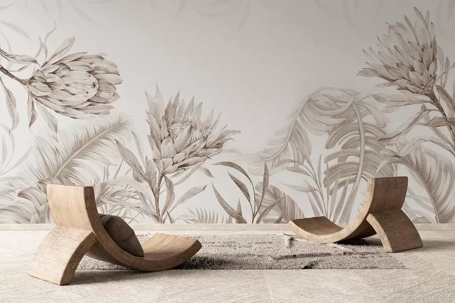 fototapet Protea printre frunze tropicale, nuanțe de bej w03952