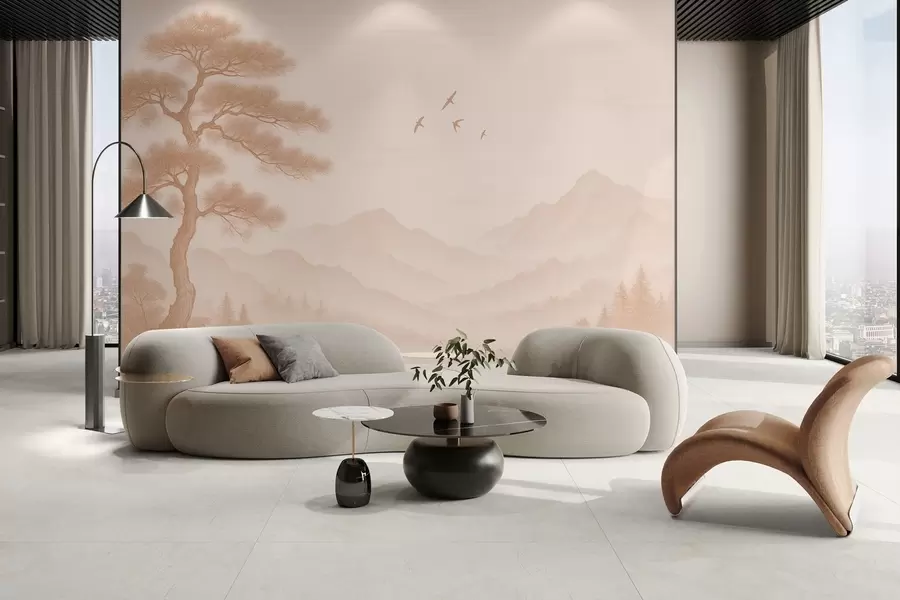 fototapet panorama de dealuri cu un copac mare în nuanțe de mocha w04033v1