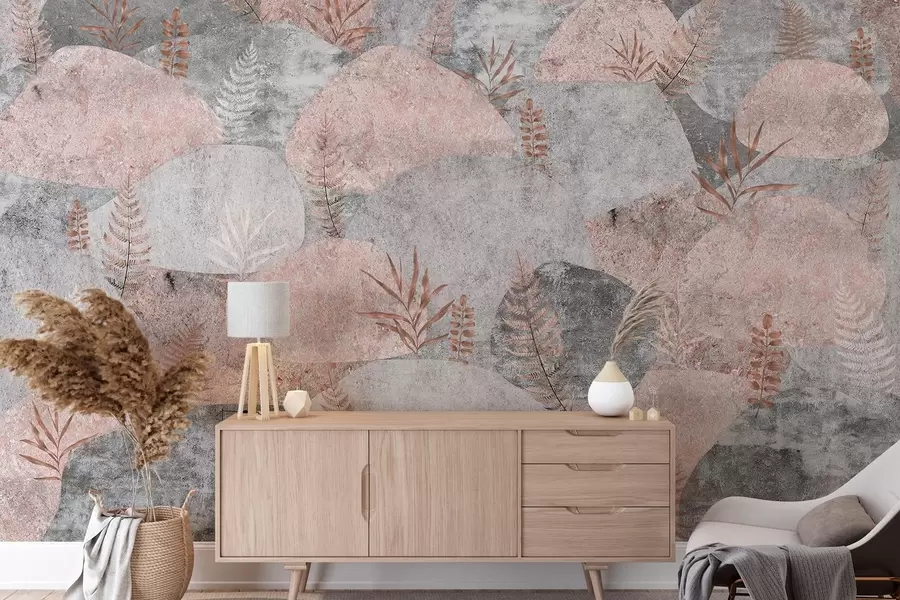 fototapet Pietre cu plante, ferigă, nordic, stil rustic, culori gri și roz w04064v1