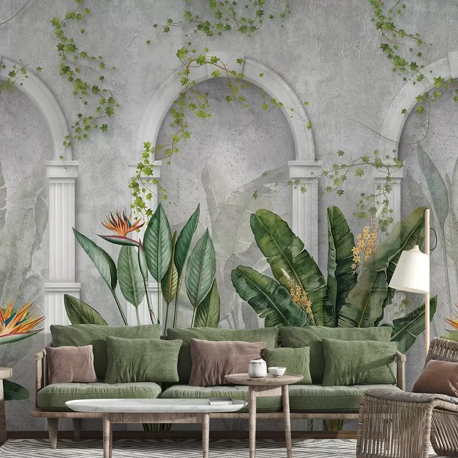 fototapet Perete din beton cu arcuri și plante tropicale, florale, culori naturale w04065