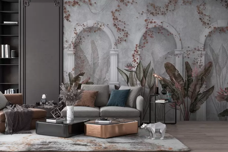 fototapet Perete din beton cu arcuri și plante tropicale, florale, culori burgundy w04065v1