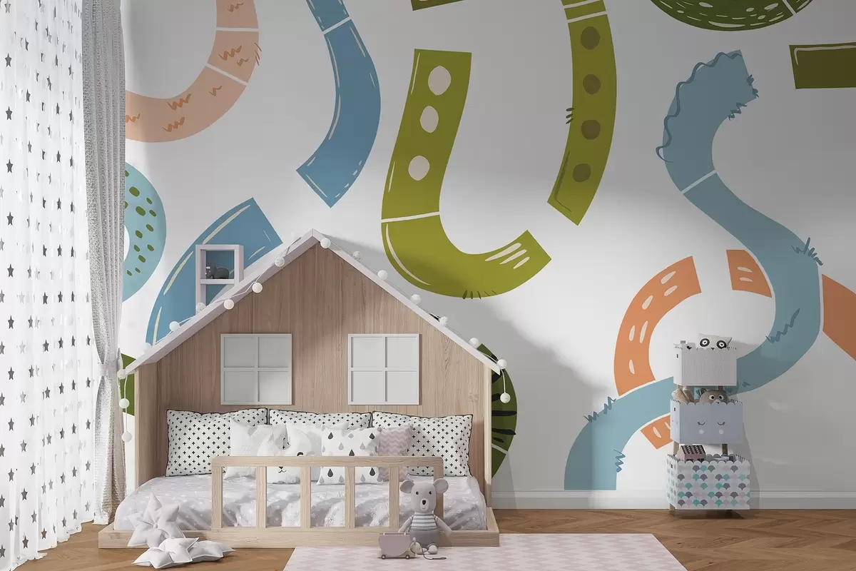 fototapet Desene abstracte, juvenile, mâzgăleli, verde, albastru, roz w04066v2