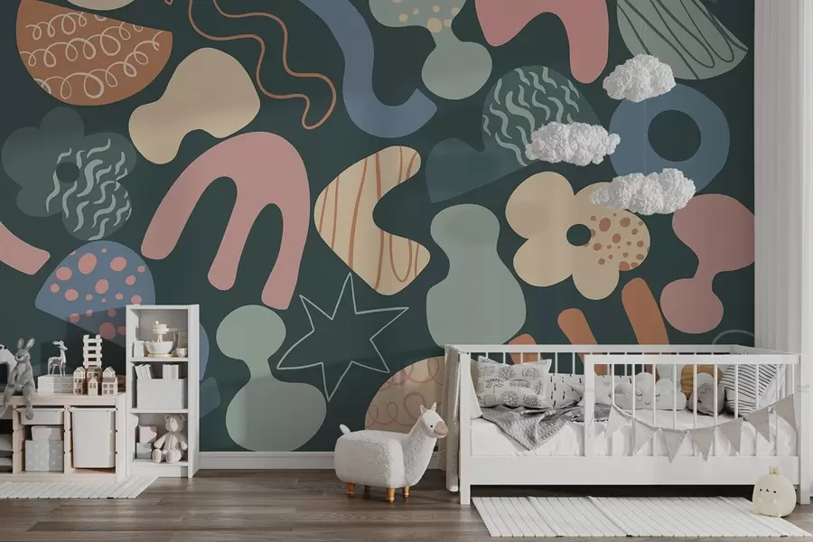 fototapet Figuri geometrice cu doodles desen, juvenil, fundal verde închis   w04068v3