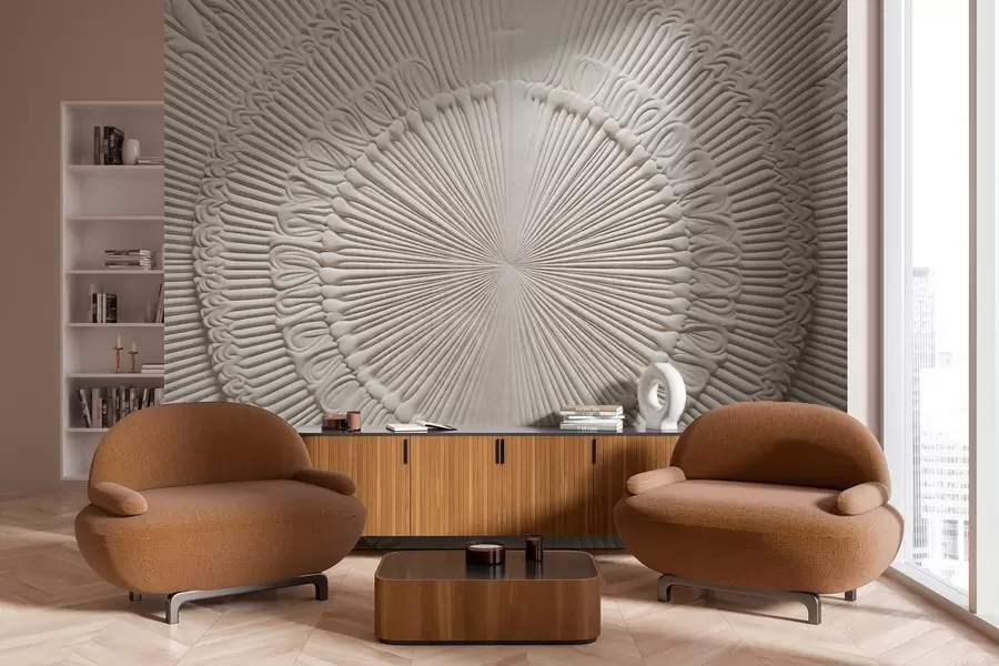 fototapet Imprimare abstractă circulară texturată cu linii radiale și elemente decorative, design simetric, textură în relief w09154