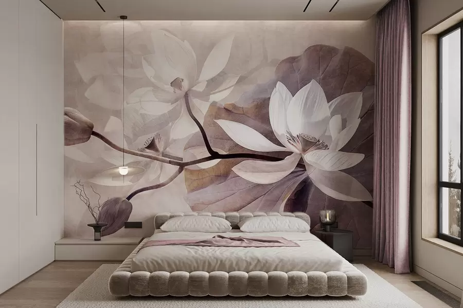 fototapet Grainy texturate muted flori de lotus delicate cu frunze și tulpini într-o paletă de culori moi, bej w09159