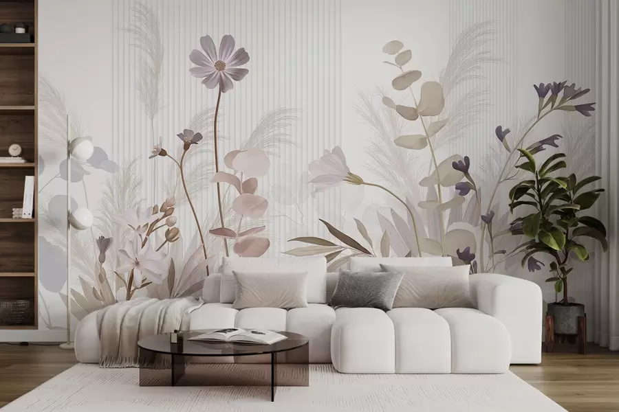 fototapet Flori în culori pastelate, frunze maro deschis, fundal alb cu linii verticale, elegant și minimalist  w09161