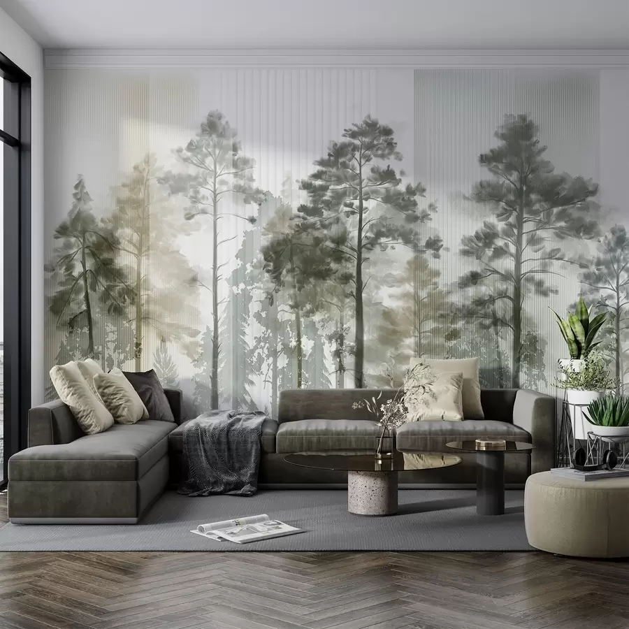 Tablouri O pădure densă cu pini înalți, frunziș verde luxuriant, o atmosferă cețoasă cu texturi de linii verticale w09163