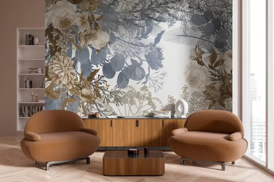 fototapet Aranjament floral vintage cu trandafiri, eucalipt și mimosa în nuanțe de albastru și maro  w09164