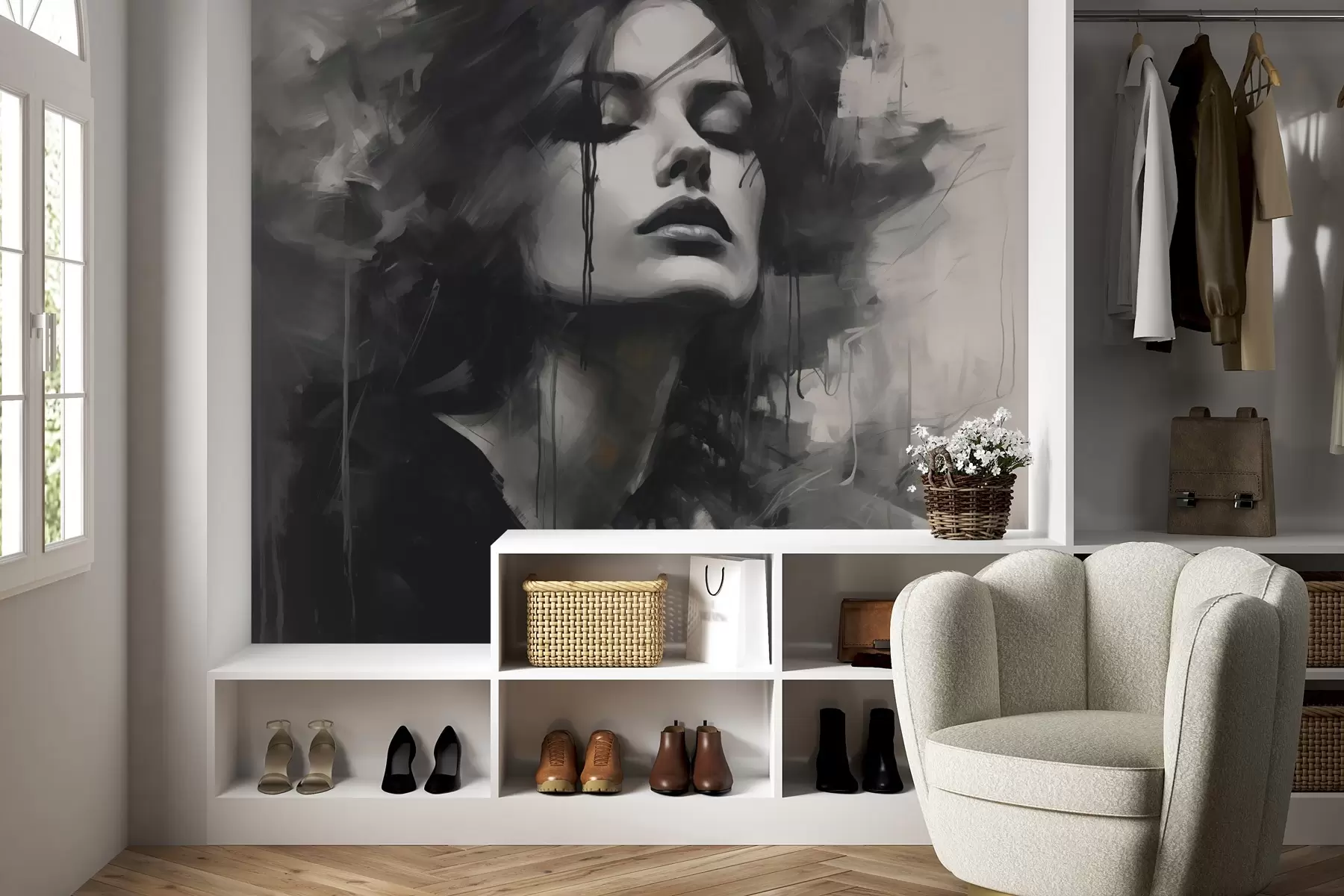 fototapet Portret de femeie în haine gri și negre w04049