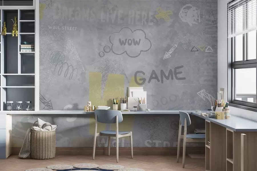 fototapet Design în stil street art cu inscripții de culoare galbenă pe fundalul peretelui de beton w04056