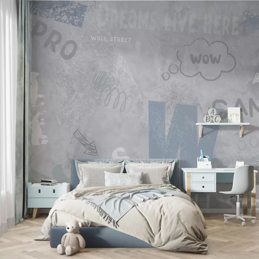 fototapet Design în stil street art cu inscripții de culoare albastră pe fundalul peretelui de beton w04056v1