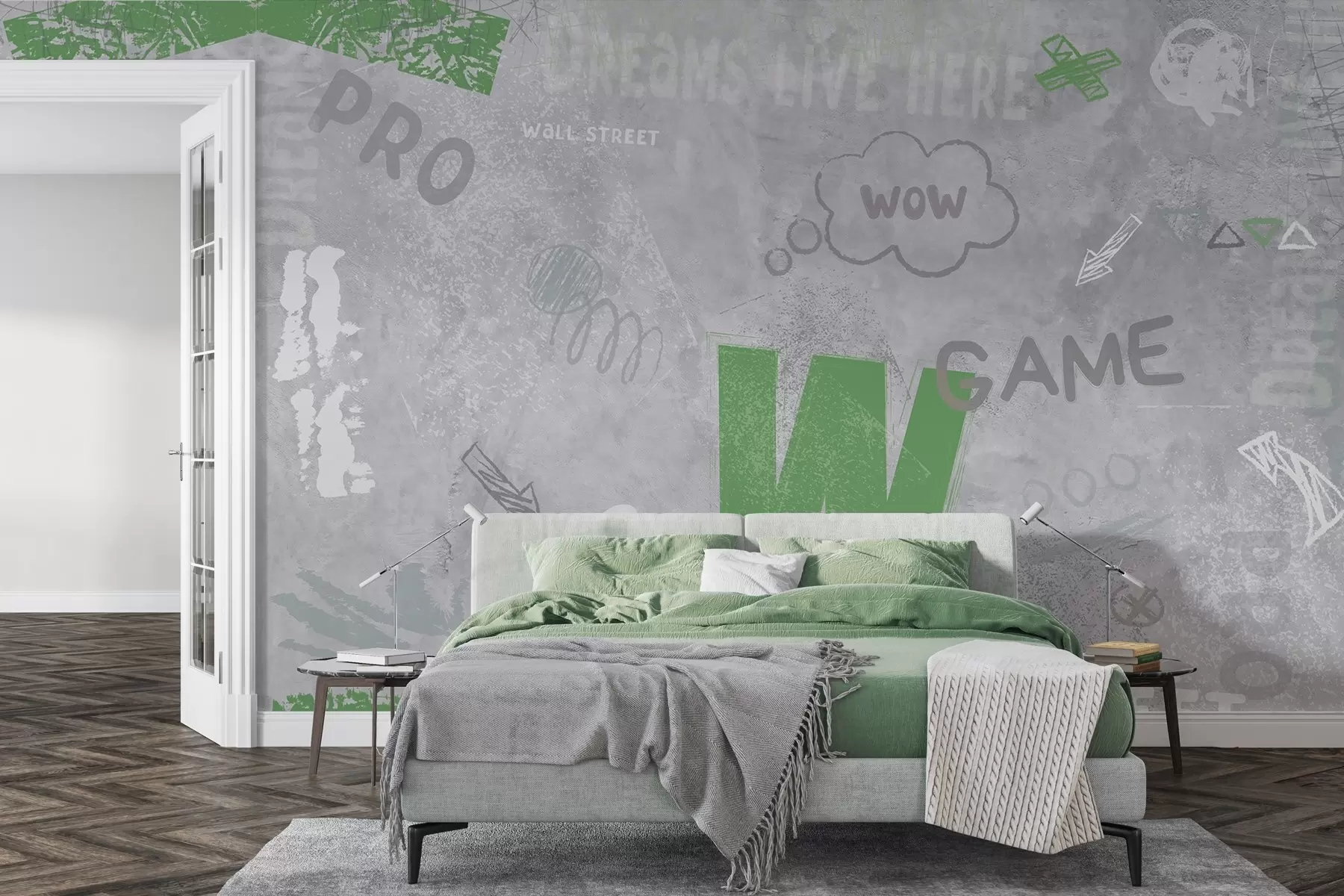 fototapet Street art design cu litere de culoare verde pe fundal de perete de beton w04056v2