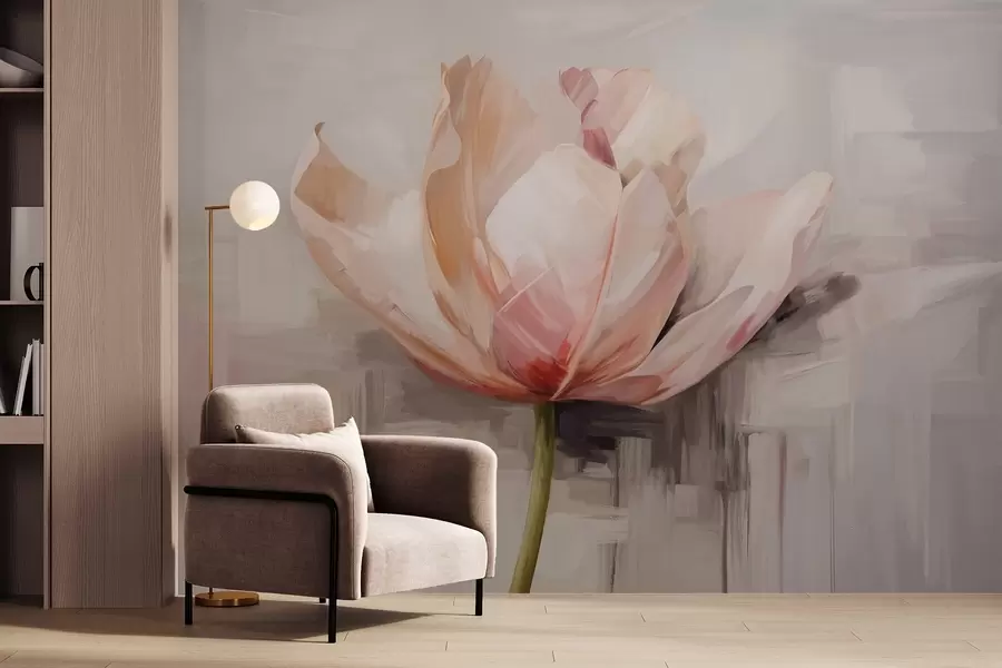 fototapet Lalea roz, imitație de pictură în ulei cu lovituri de perie moi, fundal abstract cu nuanțe pastelate de gri și bej w09187