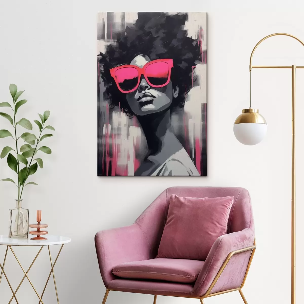 Tablouri Fată cu ochelari roz, stil alb-negru s44624