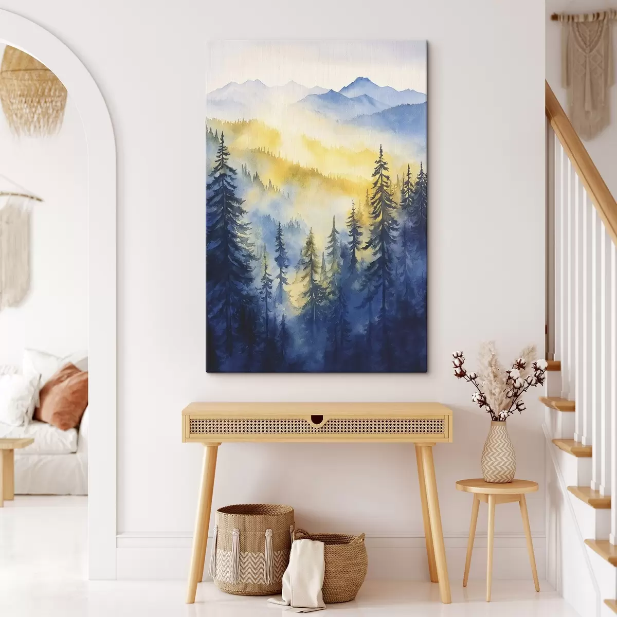 Tablouri Munți cețoși pe un răsărit de soare, păduri de pin, culori albastru și galben s44602