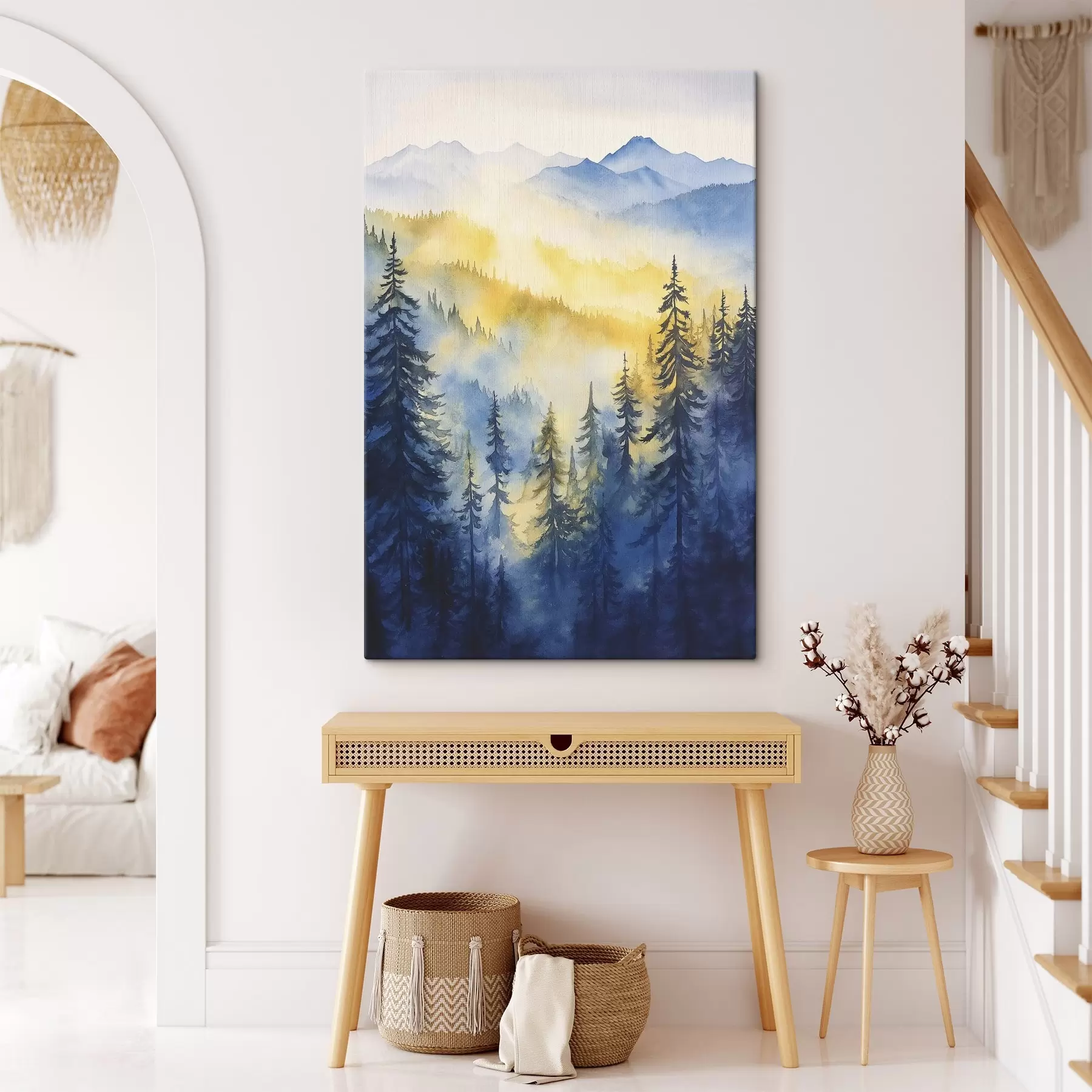 Tablouri Munți cețoși pe un răsărit de soare, păduri de pin, culori albastru și galben s44602