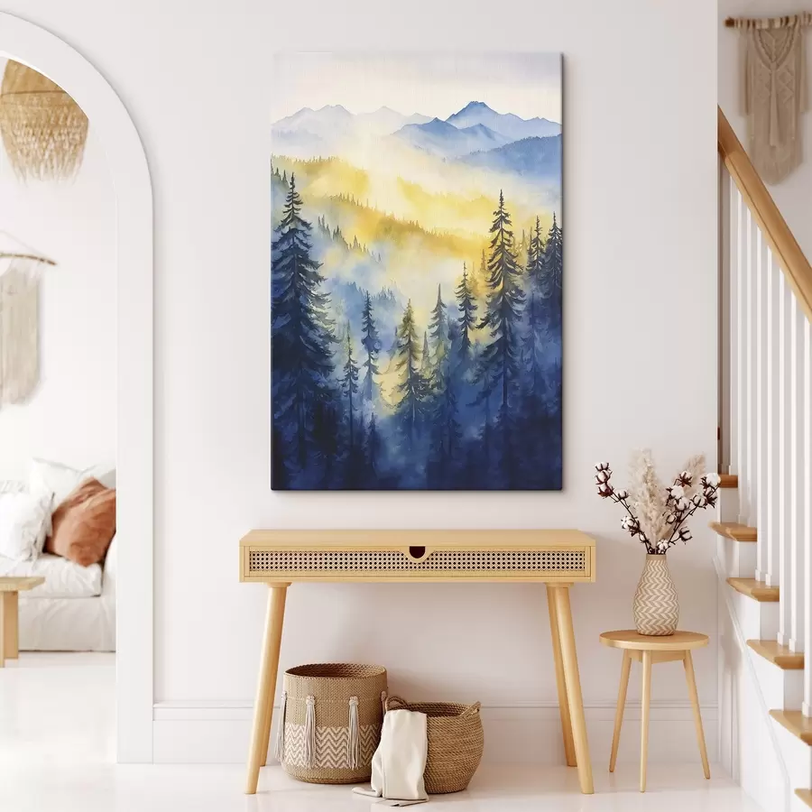 Tablouri Munți cețoși pe un răsărit de soare, păduri de pin, culori albastru și galben s44602
