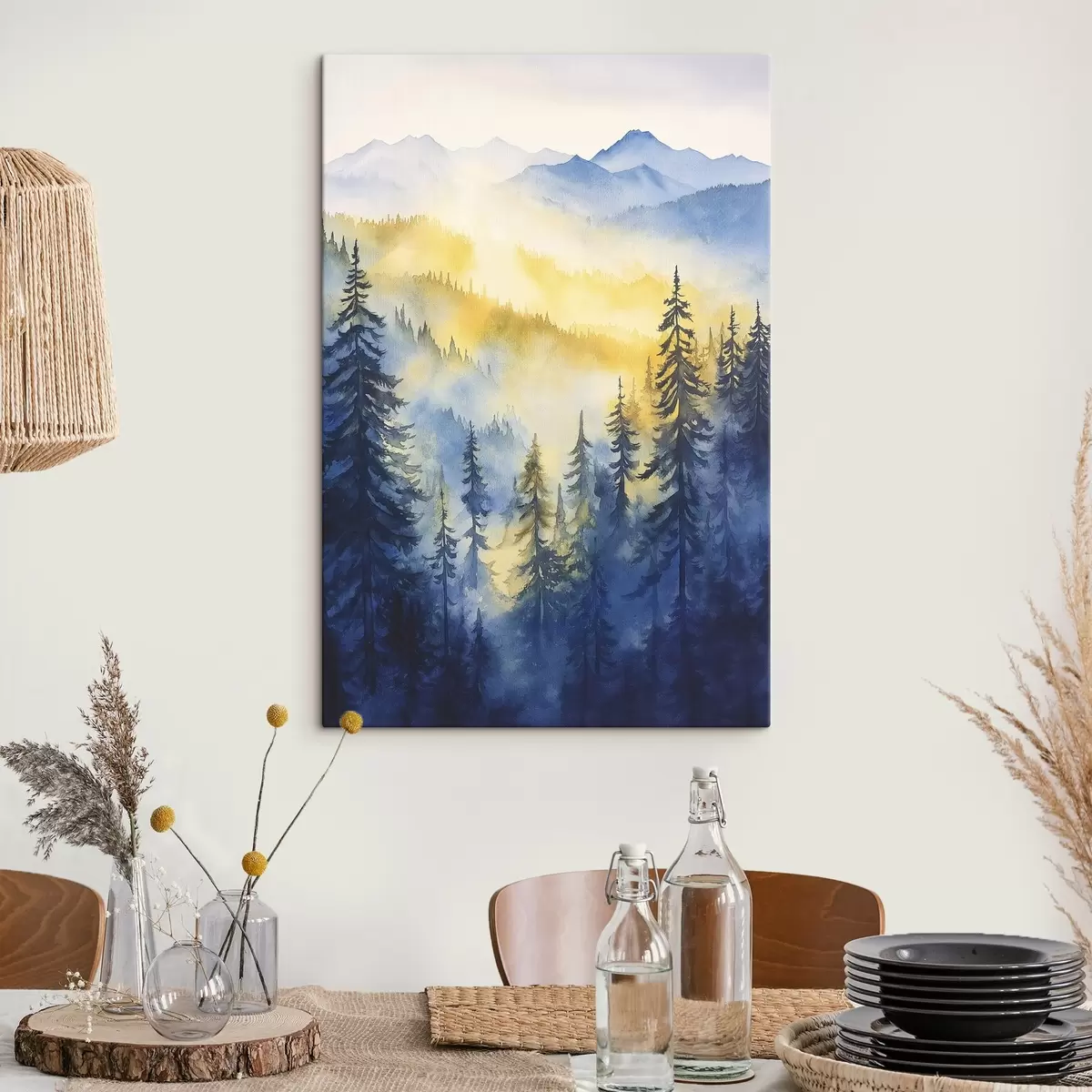 Tablouri Munți cețoși pe un răsărit de soare, păduri de pin, culori albastru și galben s44602