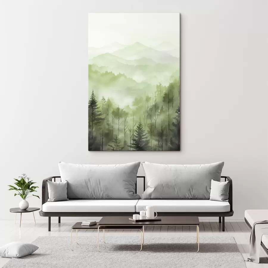 Tablouri Munți cu peisaj forestier, culori verzi, stil acuarelă s44606