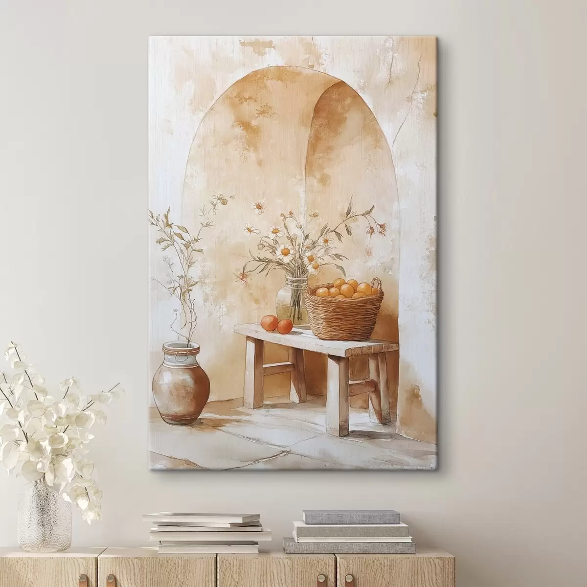 Tablouri Arc de perete cu borcan antic, flori de mușețel și coș de portocale  s44613