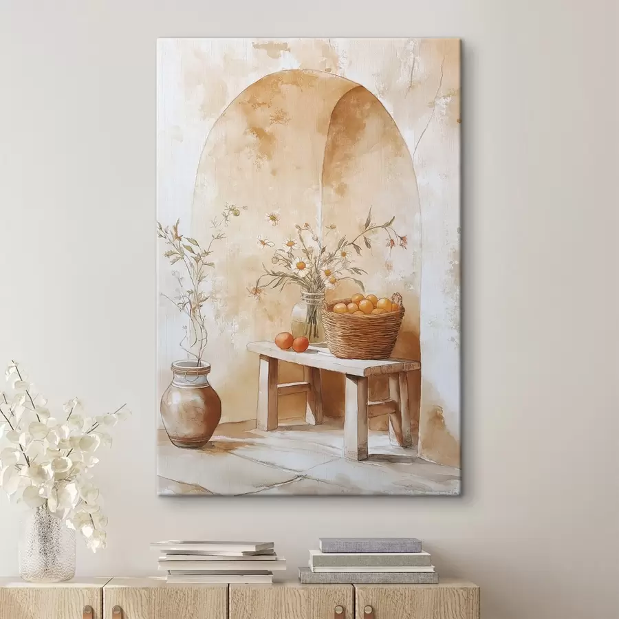 Tablouri Arc de perete cu borcan antic, flori de mușețel și coș de portocale  s44613