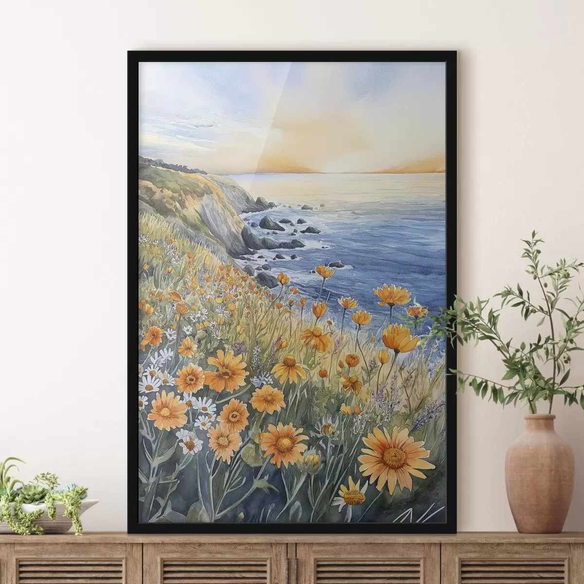 Poster Cliff cu flori portocalii, coasta oceanului, Portugalia, stil acuarelă f44604
