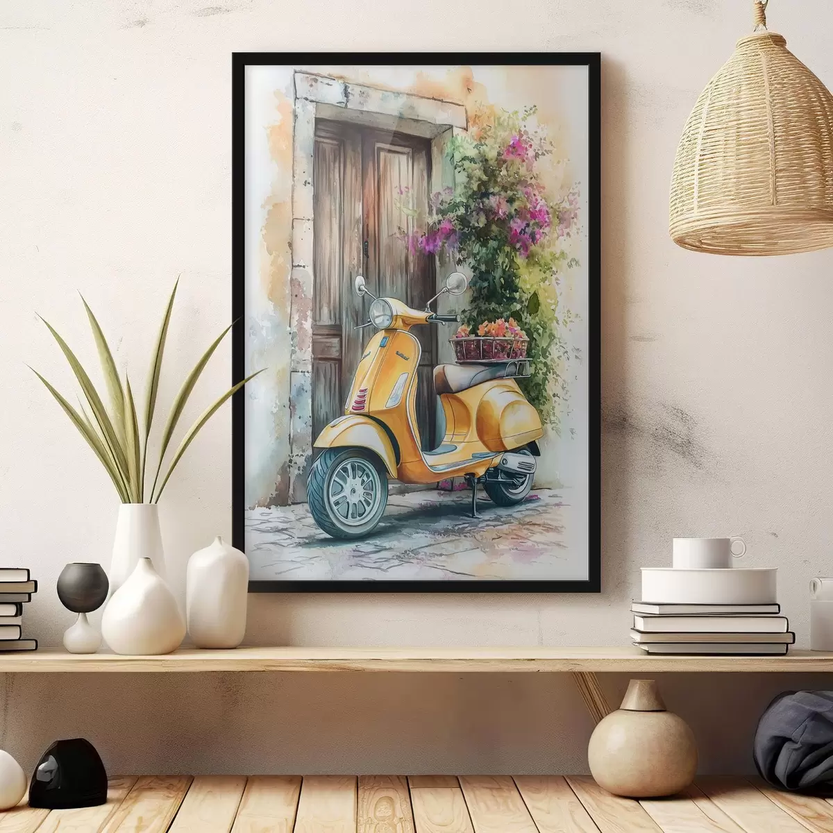 Poster Vespa galben scuter lângă ușa de lemn cu flori f44607
