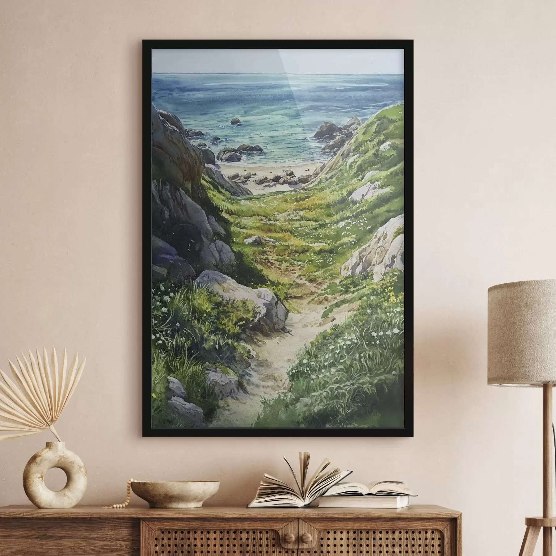 Tablouri Coasta mării cu stânci și iarbă verde, stil acuarelă, vară f44616