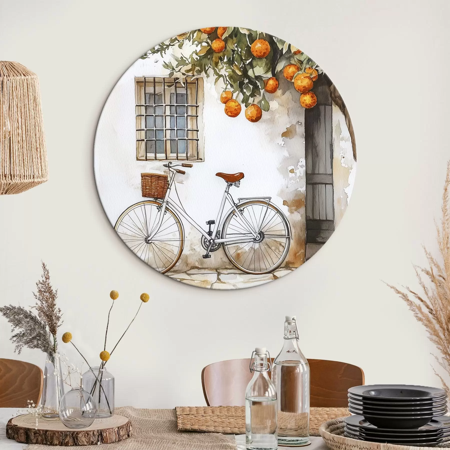 Tablouri Casă albă mediteraneană cu portocaliu și bicicletă r44610