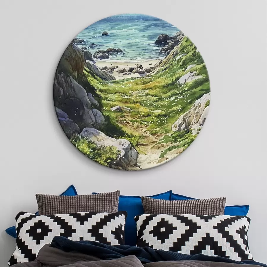 Tablouri Coasta mării cu stânci și iarbă verde, stil acuarelă, vară r44616