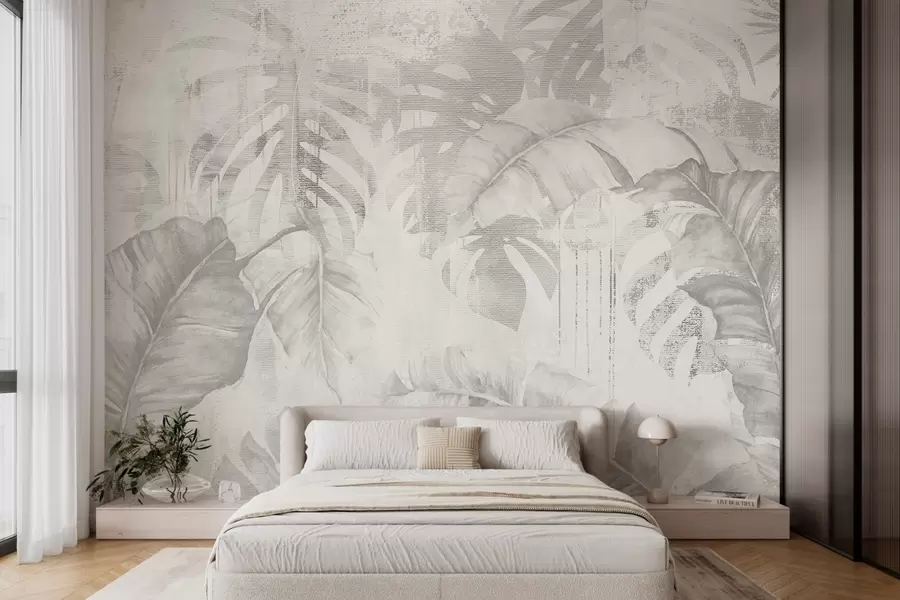 fototapet Frunze tropicale în stil grunge, nuanțe monocrome w03956v1