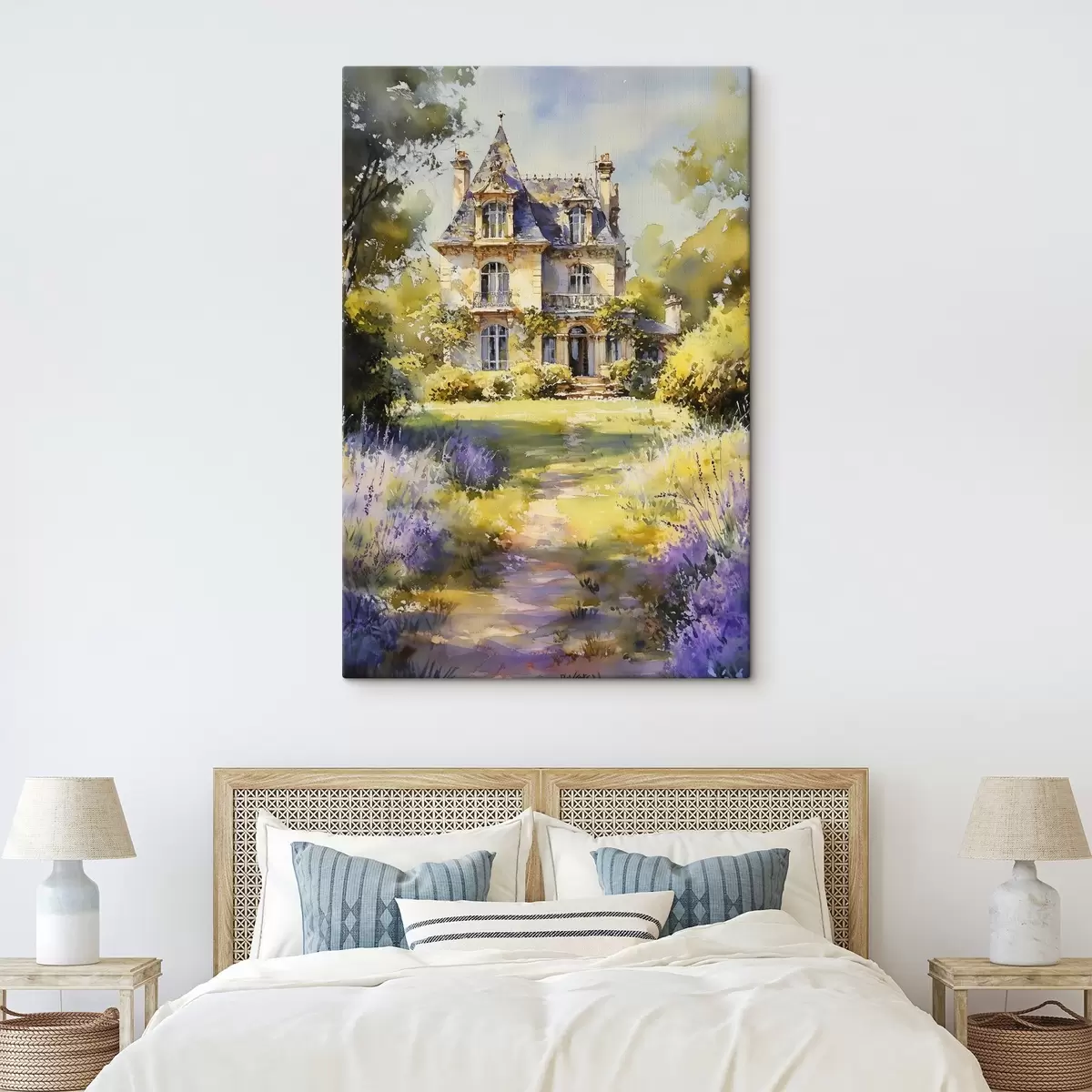 Tablouri Cabană rurală franceză, stil acuarelă, câmpuri de lavandă s44501