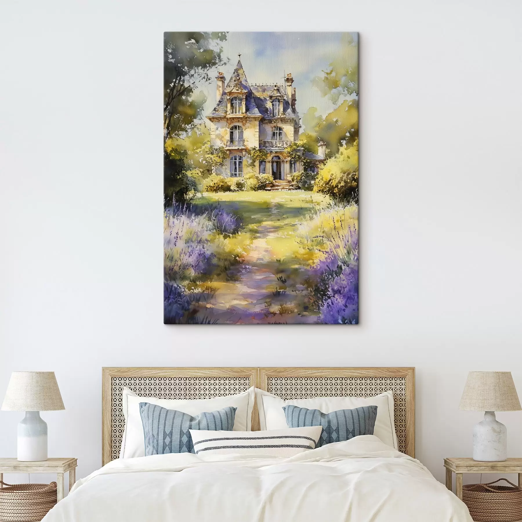 Tablouri Cabană rurală franceză, stil acuarelă, câmpuri de lavandă s44501