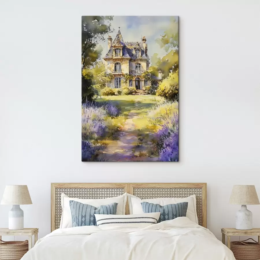 Tablouri Cabană rurală franceză, stil acuarelă, câmpuri de lavandă s44501